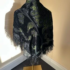 Black and Green Floral  Silk Velvet Shawl with Fringe